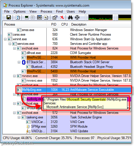 msmpeng.exe ב- Windows 7 Explorer
