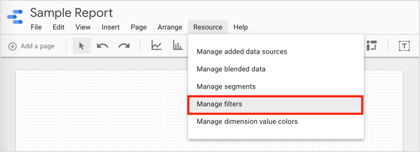 כדי לסנן נתונים וליצור קבוצות בהן תוכלו להשתמש, לחצו על Resource בסרגל התפריטים ובחרו Manage Filters מהתפריט הנפתח.