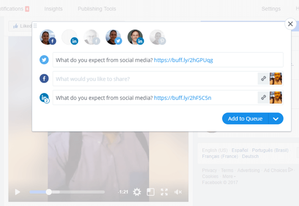כלים כגון Buffer יכולים לעזור לך לשתף וידאו בשידור חי בפייסבוק במספר פלטפורמות מדיה חברתית.