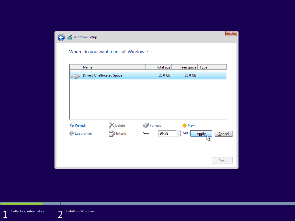 08 השתמש בשטח המרבי הזמין להתקנה נקייה של Windows 10