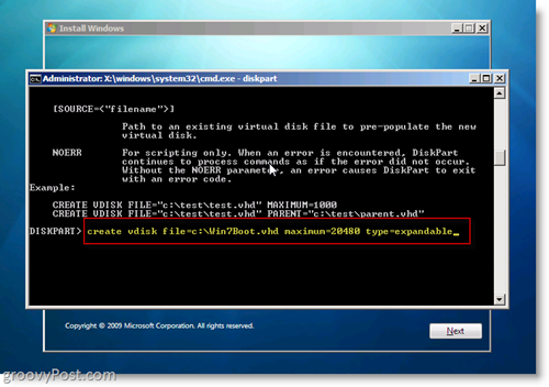 Windows 7 Native VHD התקן אתחול כפול צור VHD מ- CMD Prompt