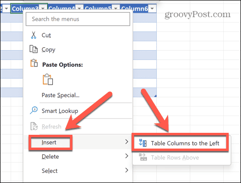 Excel הוסף עמודות טבלה משמאל