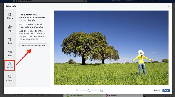 פייסבוק מאפשרת כעת למשתמשים לעקוף טקסט אלט שנוצר אוטומטית לתמונות שהועלו לאתר.
