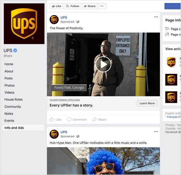 אם אתה מסתכל על מודעות הפייסבוק מ- UPS, ברור שהן משתמשות בסיפורי סיפורים ובמשיכה רגשית כדי לבנות מודעות למותג.