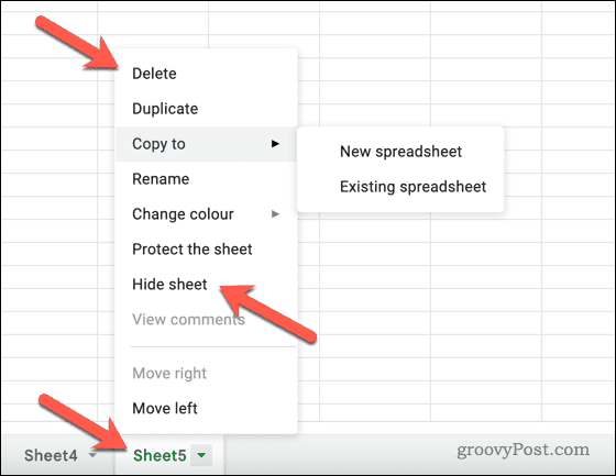 הסתרה או מחיקה של גיליון ב-Google Sheets