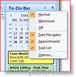 סרגל המטלות של Outlook 2007 - לחץ באמצעות לחצן העכבר הימני כדי לבחור אפשרויות
