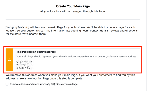 אם לדף הפייסבוק הראשי שלך יש כתובת, תראה הודעת אזהרה אם תנסה להוסיף מיקומים.