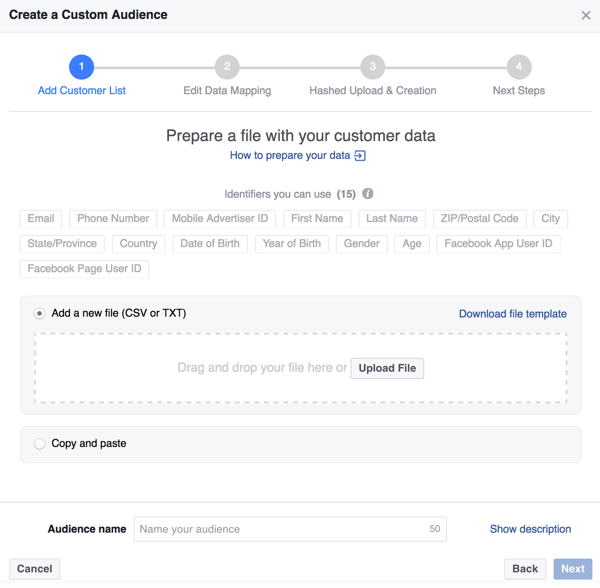 העלה קובץ לקוח .csv או .txt כדי ליצור את הקהל המותאם אישית שלך בפייסבוק.