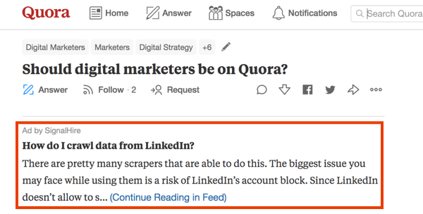 דוגמה לשיווק ב- Quora עם מודעה בתשלום.