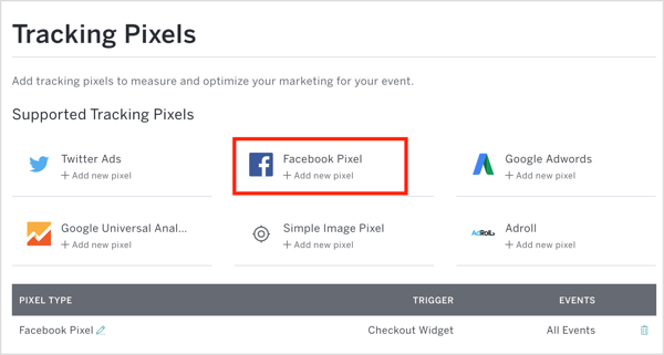 ב- Eventbrite לחץ על פייסבוק פיקסל והזן את מזהה הפיקסלים שלך ופרטים אחרים.