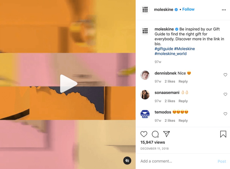 דוגמה לפוסט וידאו של רעיון למתנה באינסטגרם מאת @moleskine עם קריאה לפעולה שמפנה את הצופים לקישור בביו לעוד