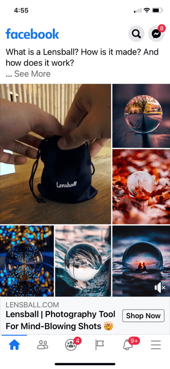 דוגמא לקולאז 'מודעות בפייסבוק עבור lensball, המציג את המוצר בשקית שרוך שחורה קטנה יחד עם 5 תמונות לדוגמה של המוצר בשימוש בתמונות