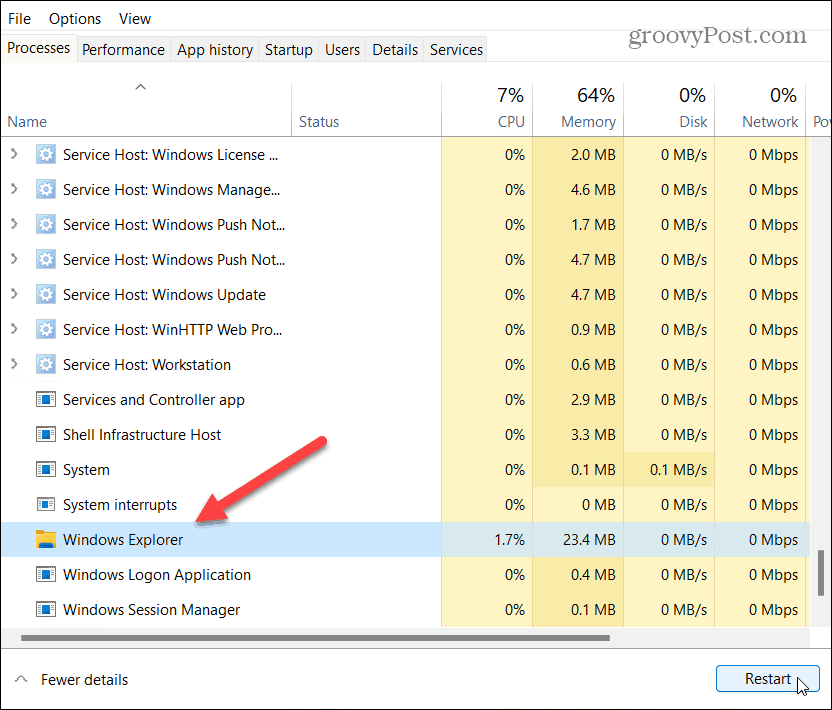 הפעל מחדש את מנהל המשימות של Windows Explorer
