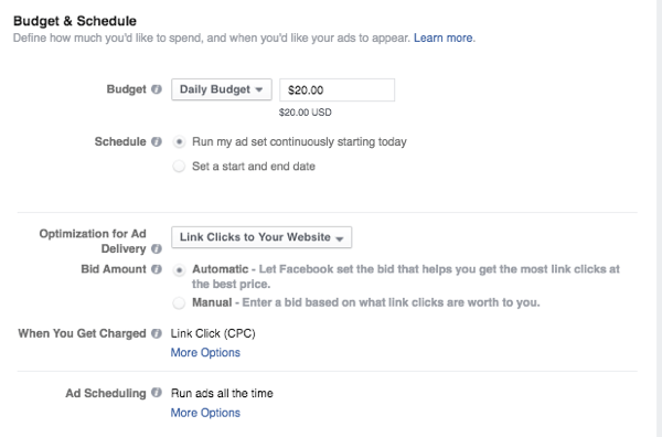 תקציב ולוח זמנים של מודעות פייסבוק