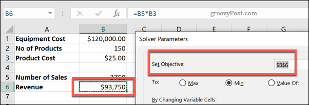 התא להגדרת המטרה ב- Solver for Excel