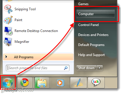 Windows 7 תפריט המחשב שלי ומציג מסלול תפריט התחל