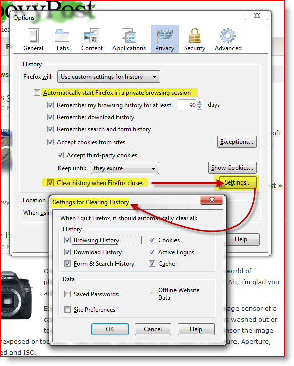 Firefox - התחל אוטומטית של פיירפוקס בהפעלה של גלישה פרטית והגדרות לניקוי היסטוריה כאשר ה- Firefox נסגר