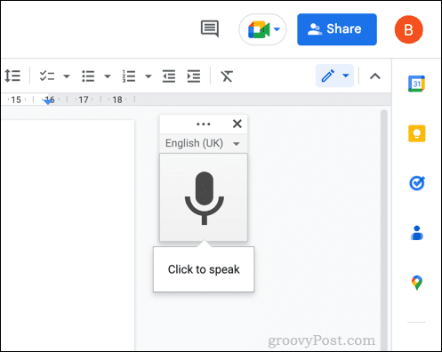 תיבת תפריט הקלדה קולית ב-Google Docs