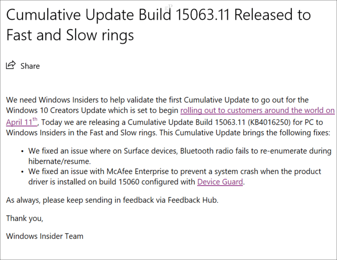 עדכון מצטבר ראשון עבור עדכוני יוצרי Windows 10 פורסם