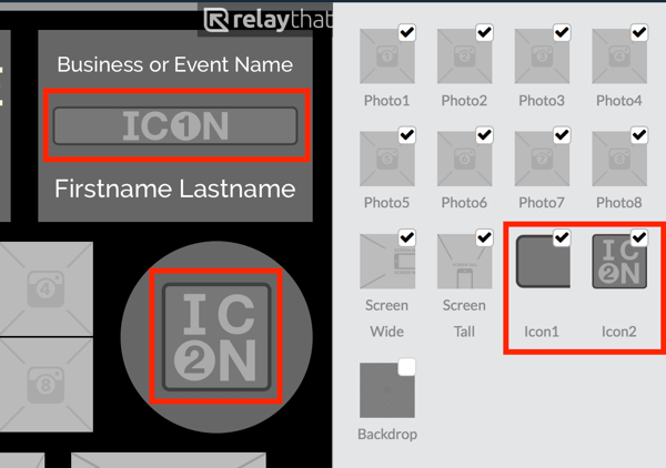 העלה את הלוגו שלך לתמונה הממוזערת של Icon1 או Icon2 ב- RelayThat.