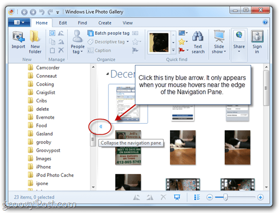 הצג / הסתר חלונית ניווט בגלריית התמונות של Windows Live 