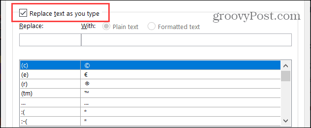 החלף טקסט תוך כדי הקלדת Word ב- Windows