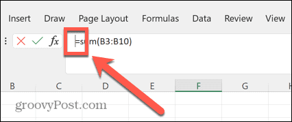 סמן סרגל הנוסחה של Excel משמאל לשווה