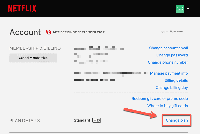 שינוי תוכנית המנויים של Netflix