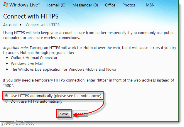 כיצד להתחבר באופן מאובטח תמיד ל- Windows Live ו- Hotmail באמצעות HTTPS