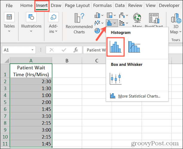 הכנס היסטוגרמה ל- Excel