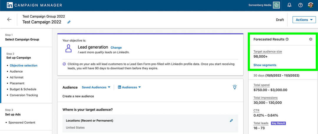 how-to-use-linkedin-audience-targeting-options-campaign-manager-forecasted-resultats-example-2