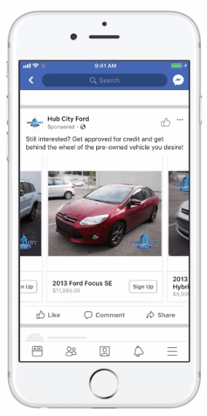 פייסבוק הציגה מודעות דינמיות המאפשרות לחברות רכב להשתמש בקטלוג הרכב שלהן כדי להגדיל את הרלוונטיות של המודעות שלהן.