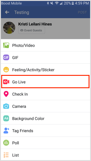 אפשרות Go Live לאירוע בפייסבוק דרך אפליקציית פייסבוק לנייד