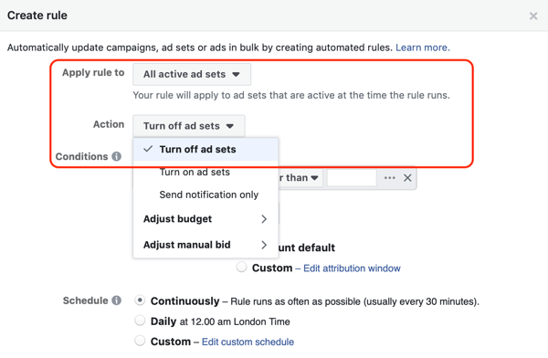 השתמש בכללים האוטומטיים של פייסבוק, עצור את הגדרת המודעה כאשר החזר על הוצאות פרסום מתחת לגדר המינימום, שלב 1, של הגדרות פעולה