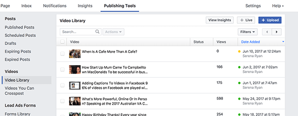 ספריית הווידיאו שלך בפייסבוק מכילה את כל הסרטונים שפורסמו ולא פורסמו. סרטונים עם נקודה צהובה לא פורסמו וסרטונים עם נקודה ירוקה מתפרסמים.
