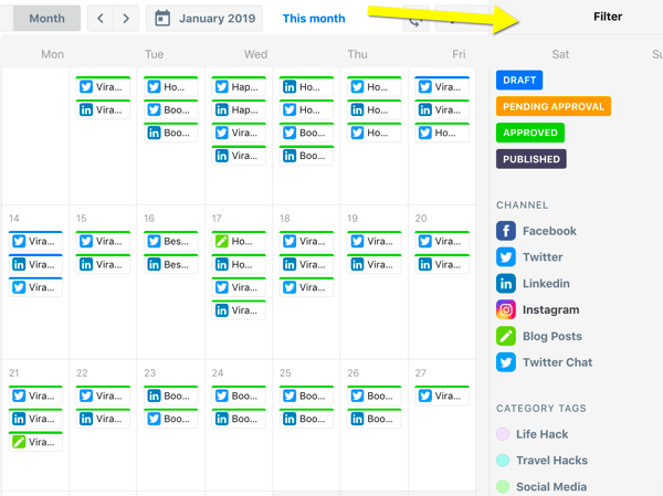 כיצד לארגן משימות שיווק ברשתות חברתיות, סקירה כללית על לוח השנה של ContentCal עם פילטרים
