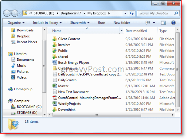 תיקיית Windows 7 של Windows Explorer Dropbox