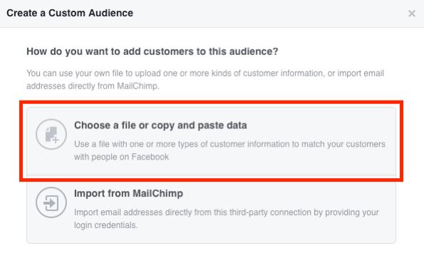 בחר בחר קובץ או העתק והדבק את הנתונים כדי ליצור את קהל הדוא"ל המותאם אישית שלך בפייסבוק.