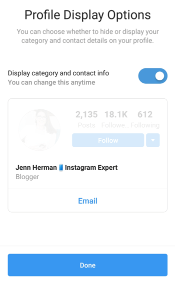 פרופיל יוצר Instagram בחירת קטגוריה ותצוגה.