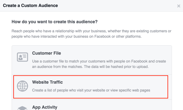 צור קהל מותאם אישית בפייסבוק על סמך תעבורת אתרים.