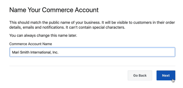 תיבת דו-שיח אפשרות לתת שם לחשבון המסחר שלך בפייסבוק