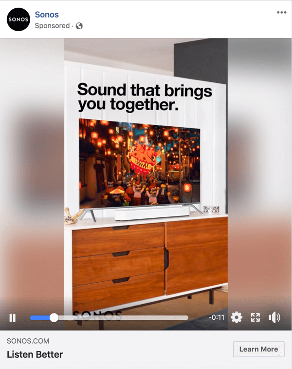 דוגמה למודעת וידאו בפייסבוק מאת Sonos.