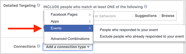 חיבורי מיקוד מודעות פייסבוק כוללים אי הכללה של אנשים שהגיבו לאירוע