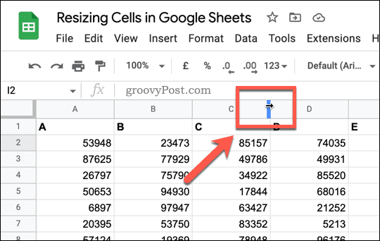 שינוי הגודל של העמודה או הסמן בשורה ב-Google Sheets