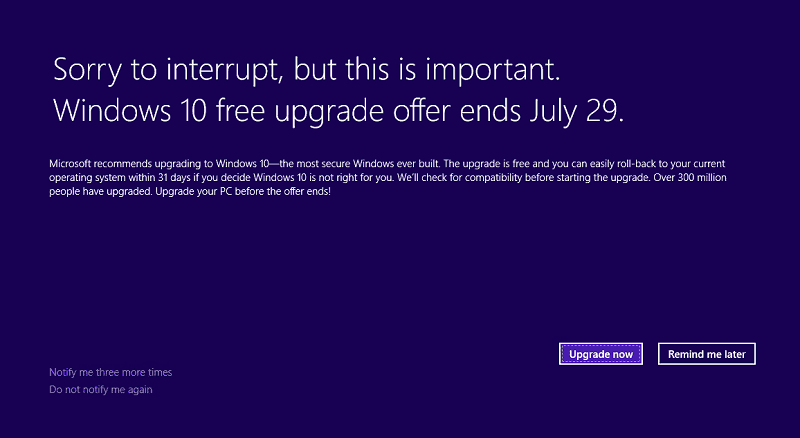 מיקרוסופט מפרסמת הודעה על הצעה לשדרוג חינם על Windows 10