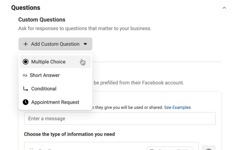 מודעות לידים בפייסבוק יוצרות אפשרות חדשה לטופס לידים להוספת תפריט שאלות מותאם אישית עם אפשרויות לבחירה מרובה, תשובה קצרה, בקשה מותנית או פגישה