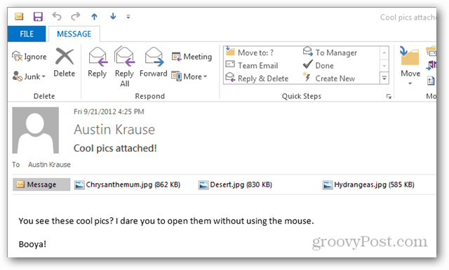 כיצד לפתוח קבצים מצורפים ב- Outlook 2013 ללא עכבר