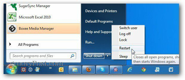 שנה את לחצן ההפעלה של תפריט התחל של Windows 7 להפעלה מחדש תמיד