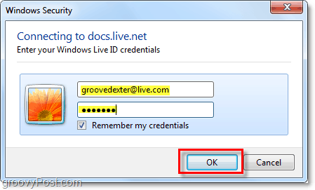 הזן את שם המשתמש והסיסמה של חשבון Windows Live שלך ​​ב- Microsoft Office 2010