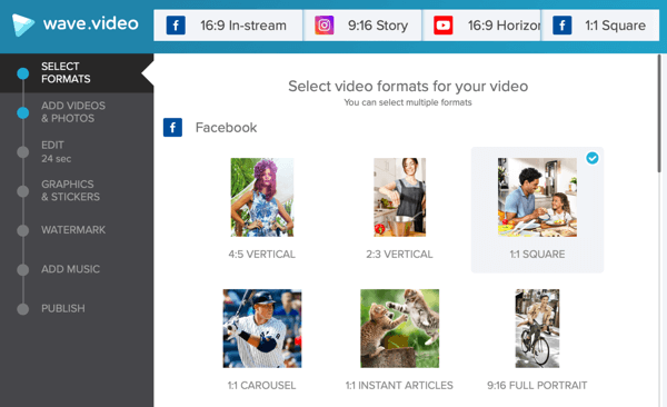 פתח אסטרטגיית וידאו חברתית, צור וידאו בעזרת Wave.video, אפשרויות תבנית פייסבוק.